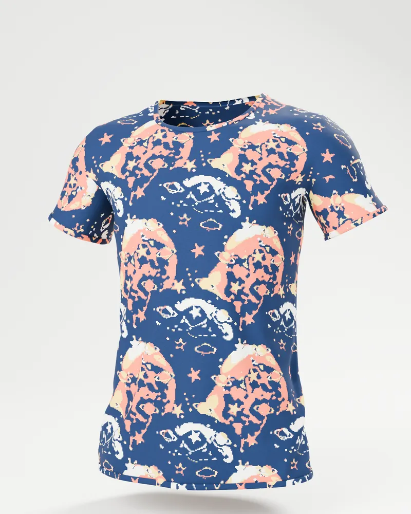 Maglietta con il pattern blu notte a stelle e pianeti